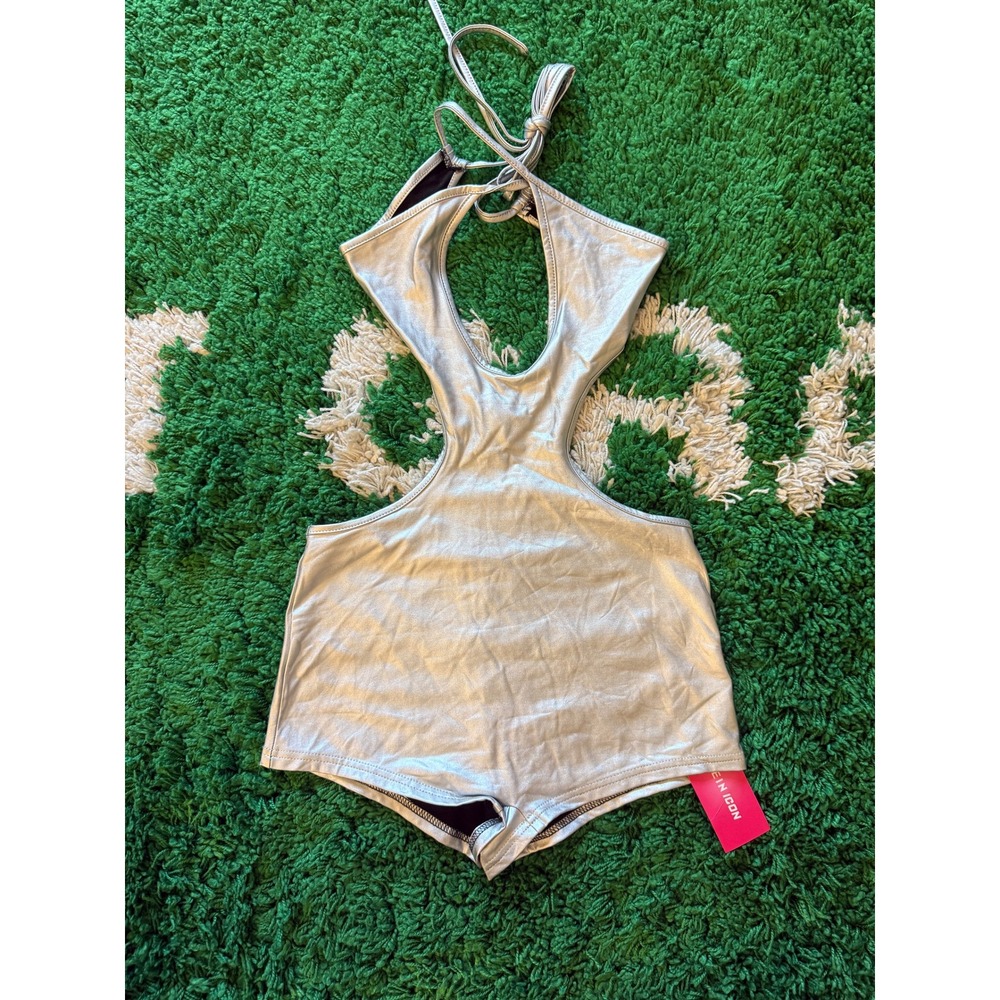 Shein Icon Silver Metallic Cutout Halter Romper Festival Rave Bodysuit Small (B)